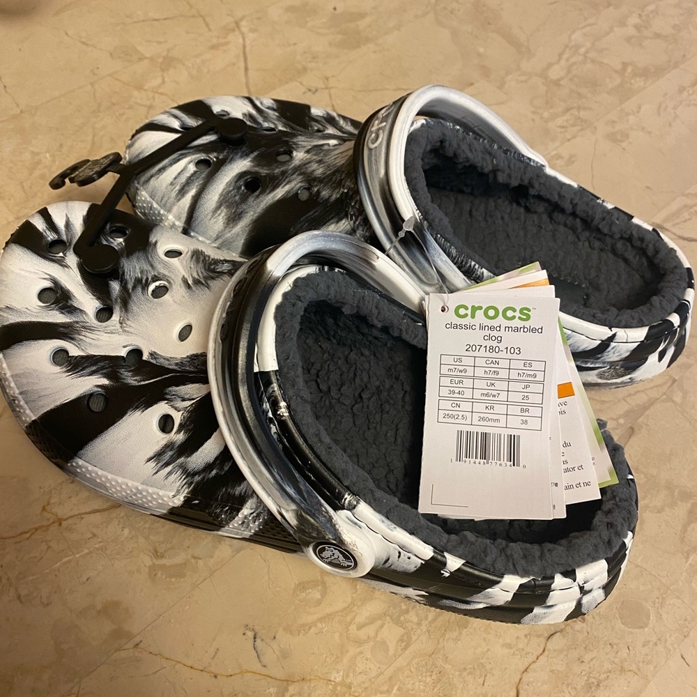 CROCS Black and White Marbled Classic Lined Mules - Picture 2 of 3